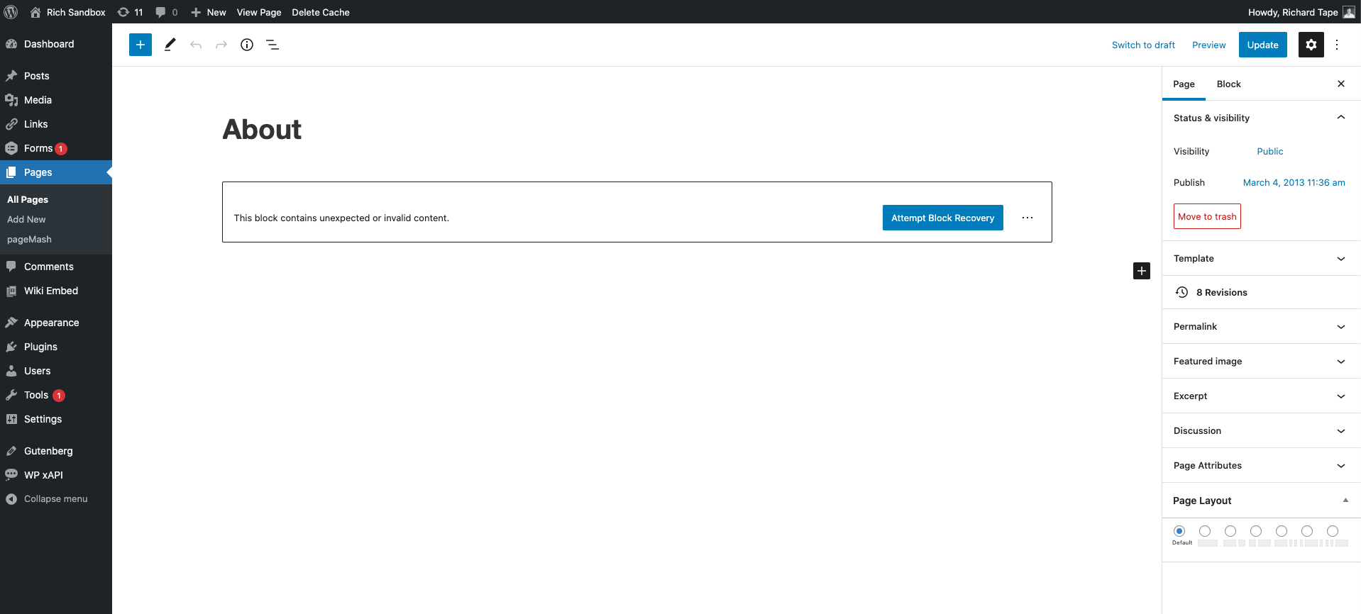 A screenshot showing the back end of WordPress with a warning saying the “This block contains unexpected or invalid content.” and a button which says “Attempt Block Recovery”.