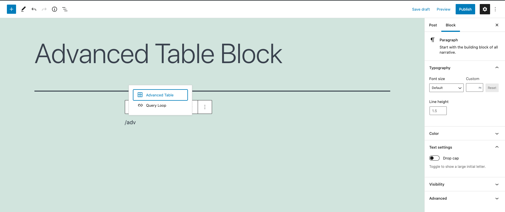 Screenshot showing how to add an Advanced Table Block into the Gutenberg editor.