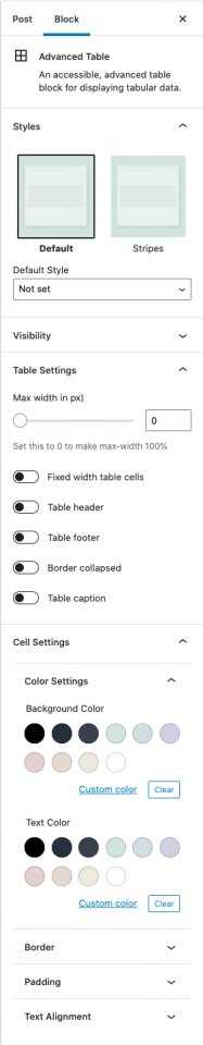 Screenshot of the block settings for the advanced table block including how to set stripes, plus items like captions and table headers and footers.