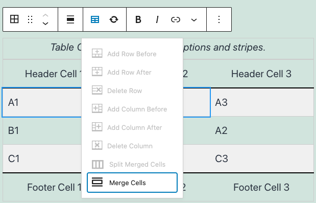 Screenshot showing the Edit Table icon and how to merge cells.