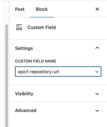 Screenshot of the settings panel for the Custom Field block which shows a dropdown field that lists the available custom fields to show