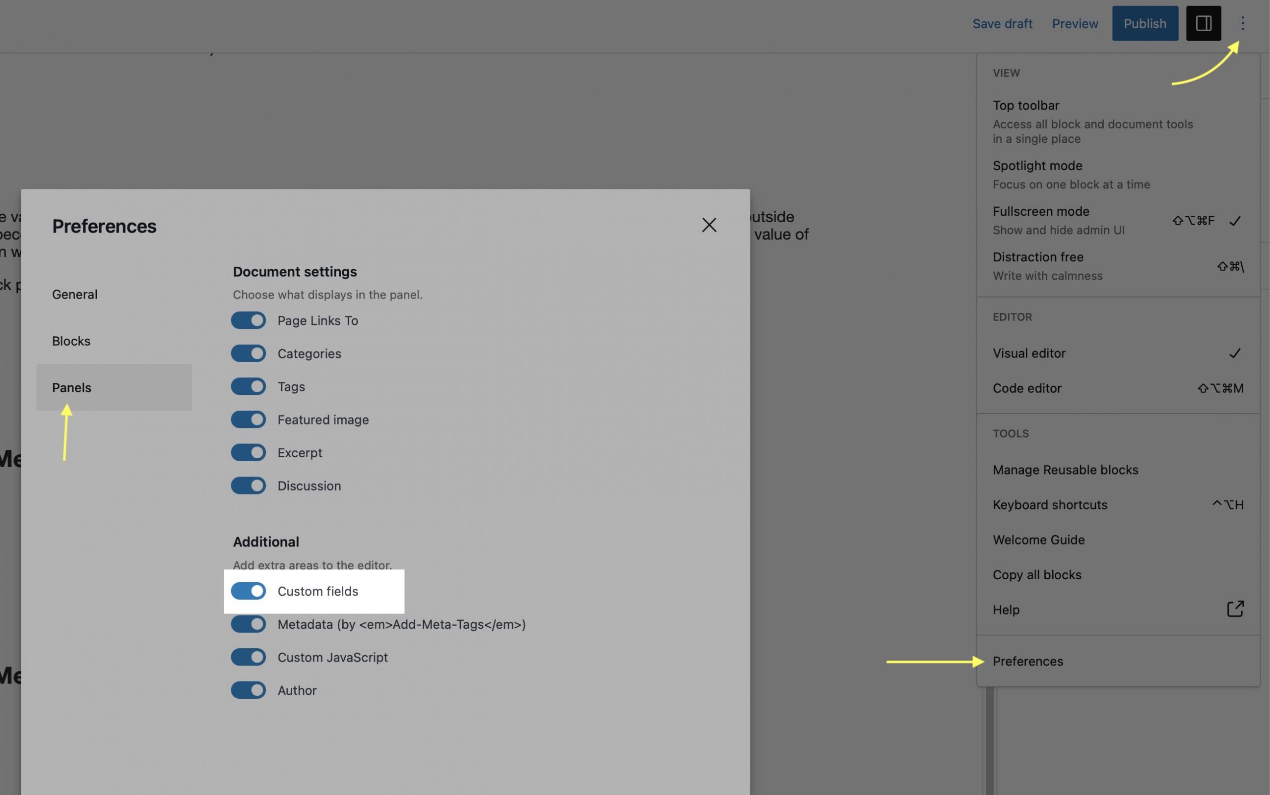 A screenshot of the editing screen in WordPress with the Options button, preference menu, panels tab, and custom fields toggle highlighted.