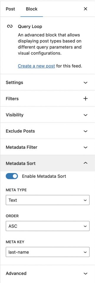 A screenshot showing the settings for the Metadata Sort add-on. In this example the metadata sort toggle is on, the meta type is Text, the Order is Ascending, and the meta key is 'last-name'. For our example person Avery Zoolander, their profile will now appear near the end of the list of results as their last name - Zoolander - starts with a Z.